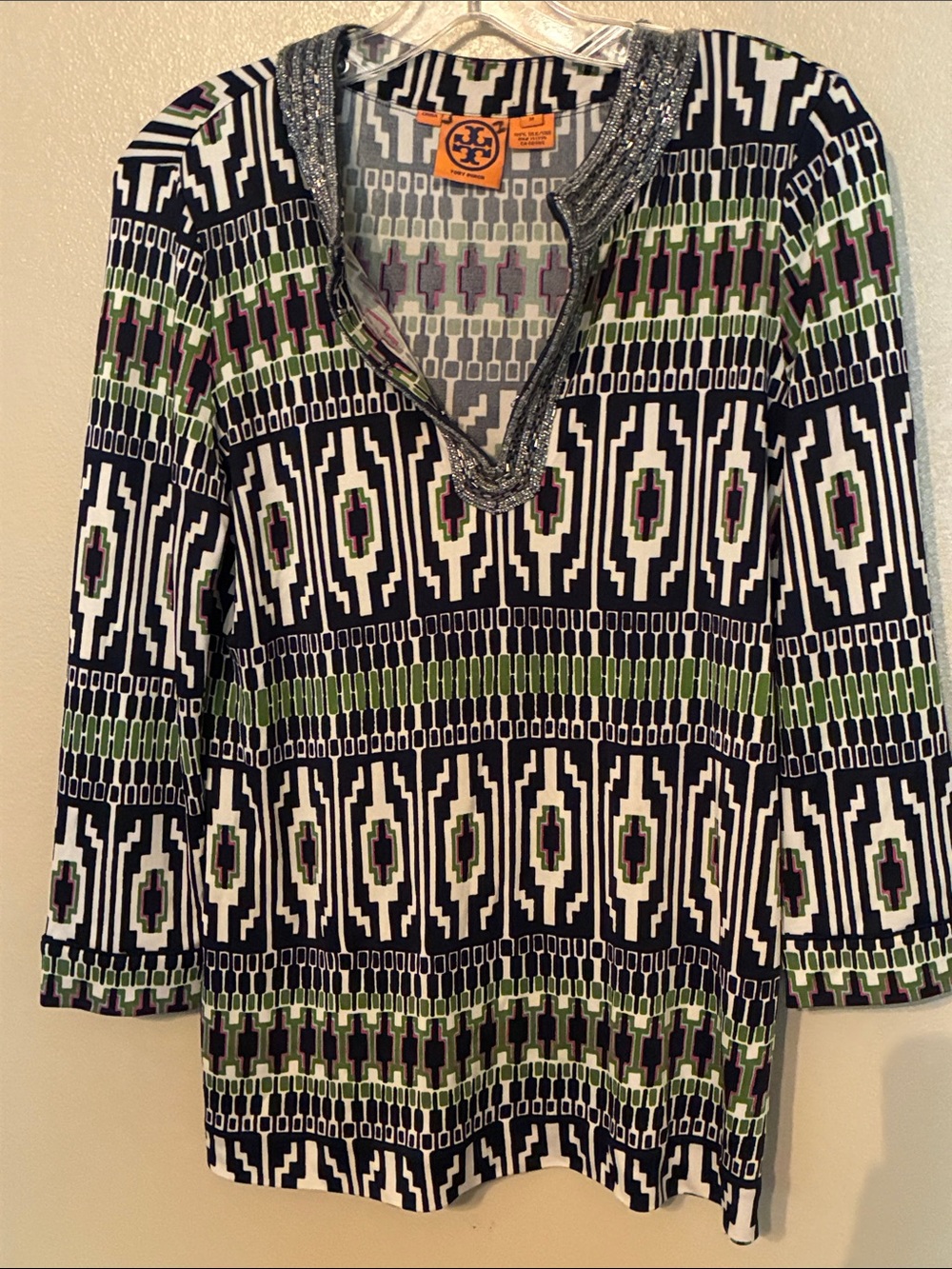 Tory Burch Navy & Green Printed V-Neck Tunic Top size m beaded